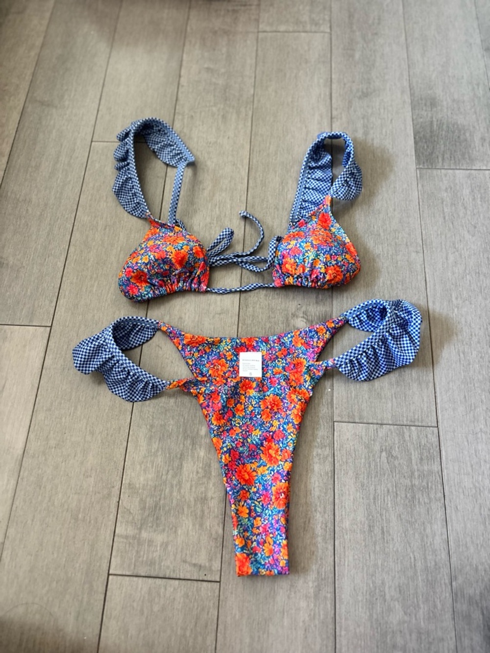 Floral Multicolor Bikini Set with Blue Gingham Ties